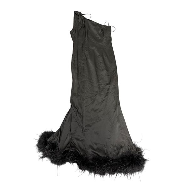 Hutch Black One Shoulder Midi Dress with Feathers Hem Size 6 Elegant Gown - Picture 2 of 10